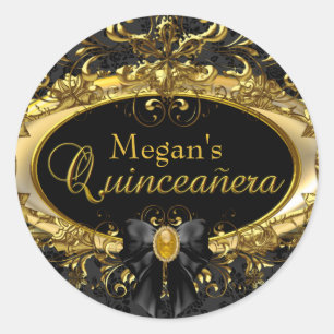 Autocollant Quinceanera Damassé Or & Noir