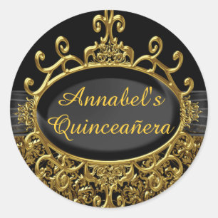 Autocollant Quinceanera Damassé Or & Noir Élégant