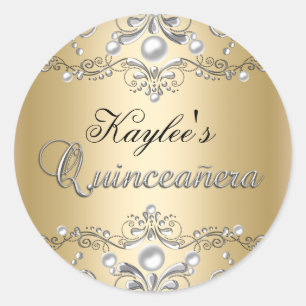 Autocollant Quinceanera Damassé Perle Argent & Or