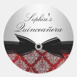 Autocollant Quinceanera Damassé Rouge & Nœud