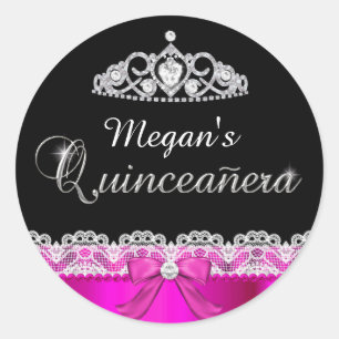 Autocollant Quinceanera dentelle rose vif et diadè