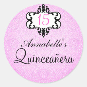 Autocollant Quinceañera Élégant Rose/Noir Damassé