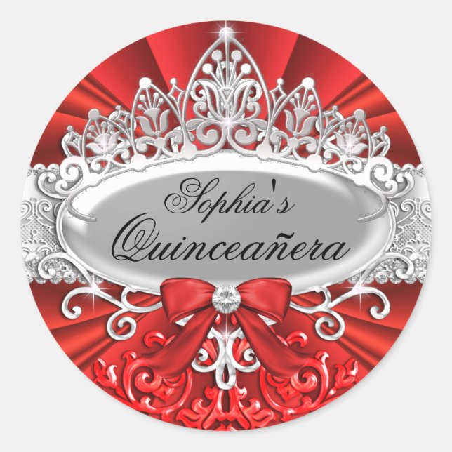 Autocollant Red Tiara & Damask Quinceanera (Devant)