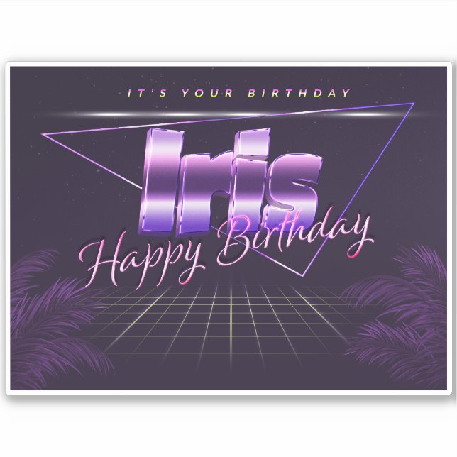 Autocollant rétro lilas prénom nom Iris anniversai (Devant)