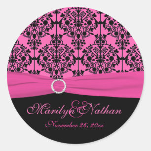 Autocollant rond 1,5 po rose et noir Damask