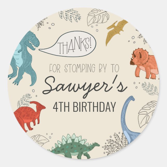 Autocollant rond Anniversaire de Dinosaure (Devant)