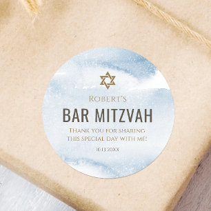Autocollant Rond Bar Mitzvah Aquarelle Bleu Poussi