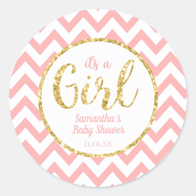 Autocollant rond | Chevron de baby shower rose et (Devant)