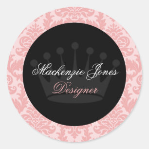 Autocollant rond chic de damassé rose et noire du