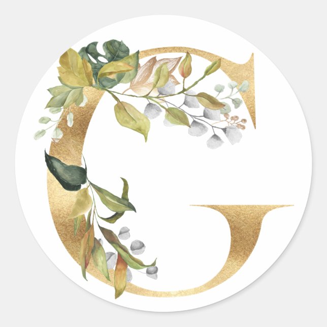 Autocollant rond classique à monogramme floral or (Devant)
