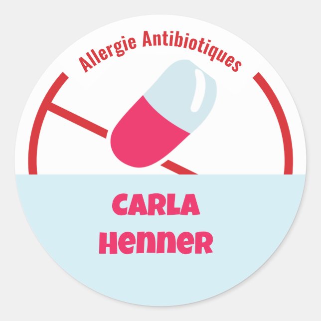 Autocollant rond classique Allergie Antibiotioques (Devant)