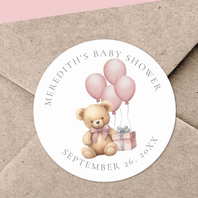 Autocollant Rond Classique Baby Shower Ours en Pel (Pink Teddy Bear Baby Shower Classic Round Sticker )