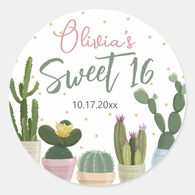 Autocollant rond classique Cactus Sweet 16 (Devant)