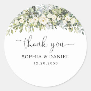 Autocollant Rond Classique de Mariage Floral Blanc
