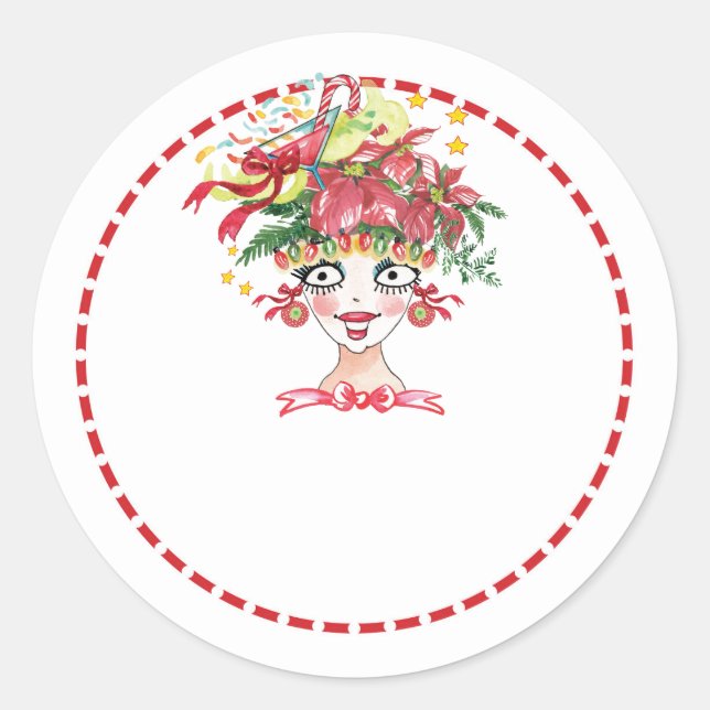 Autocollant rond classique de Noël Sassy Lady (Devant)