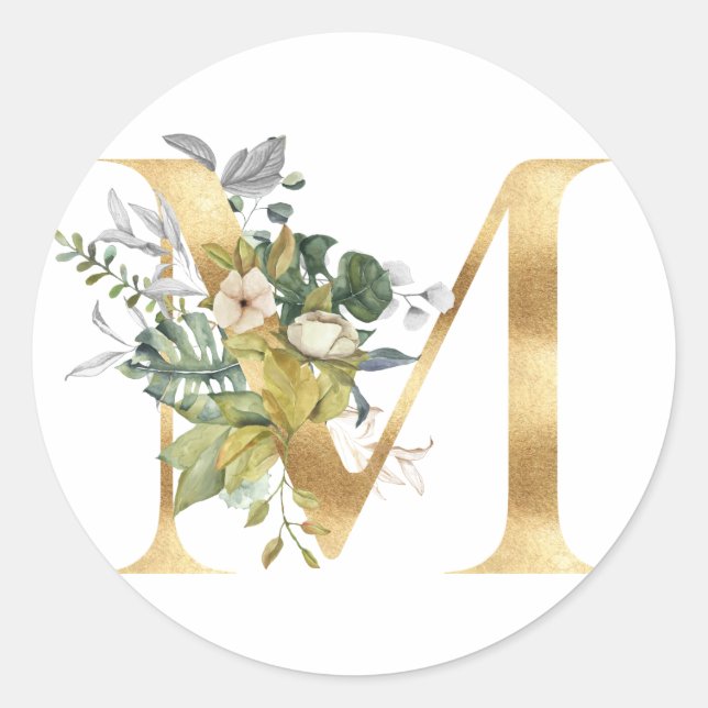 Autocollant rond classique doré à monogramme flora (Devant)