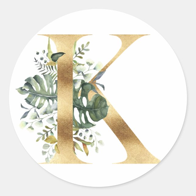 Autocollant rond classique en or à monogramme flor (Devant)