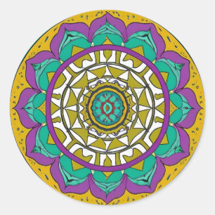 Autocollant rond classique Flo Mandala violet et v