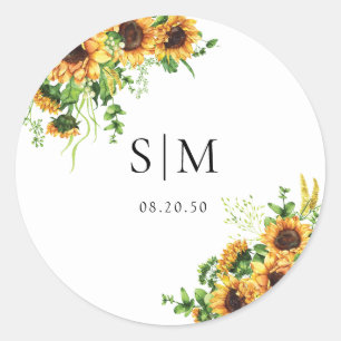 Autocollant Rond Classique Jaune Floral Mariage