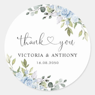 Autocollant Rond Classique Mariage Botanique Bleu