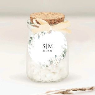 Autocollant Rond Classique Mariage Eucalyptus Élég