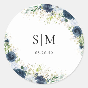 Autocollant rond classique mariage floral bleu mar