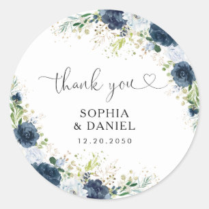 Autocollant rond classique mariage floral bleu mar