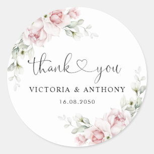 Autocollant Rond Classique Mariage Roses Rose Clai