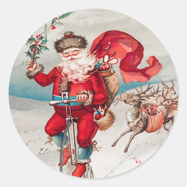 AUTOCOLLANT ROND CLASSIQUE PÈRE NOËL À BICYCLETTE  (Devant)