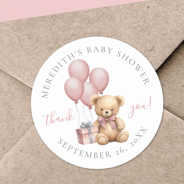 Autocollant Rond Classique pour Baby Shower Ours e (Pink Teddy Bear Baby Shower Classic Round Sticker)
