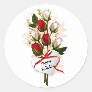 Autocollant Rond Classique Roses Joyeux Anniversai