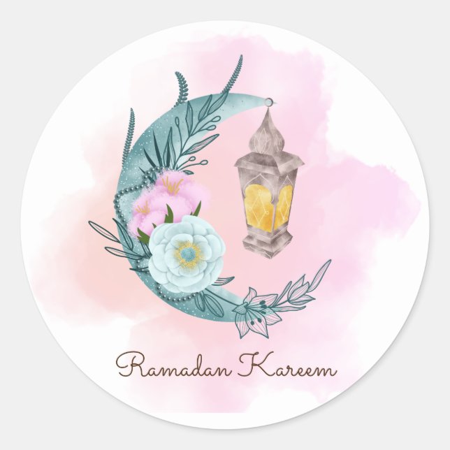 Autocollant rond Crescent d'aquarelle Ramadan Kare (Devant)