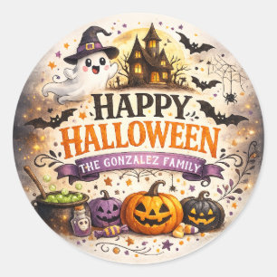 Autocollant rond de famille Halloween aquarelle