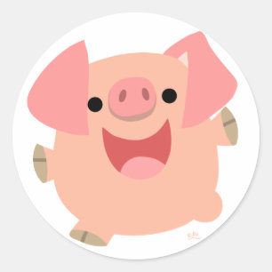Autocollant rond de joyeux porc de bande dessinée