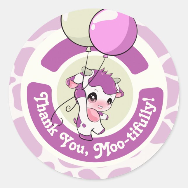 Autocollant rond de Motif de vache rose violet (Devant)