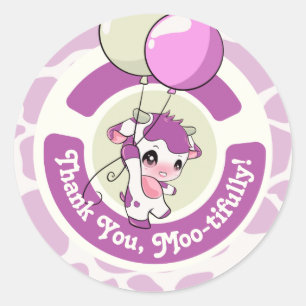 Autocollant rond de Motif de vache rose violet