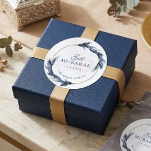Autocollant rond Eid Mubarak floral bleu
