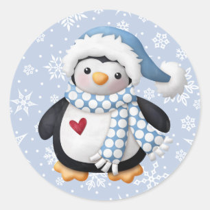 Autocollant rond en pingouin bleu de Noël
