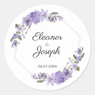 Autocollant Rond Étiquette Fleurs Violettes Mariag