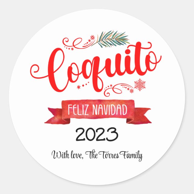 Autocollant rond Feliz Navidad avec bannière Coqui (Devant)