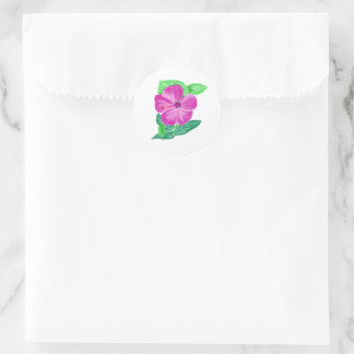 Autocollant rond Fleur d'hibiscus d'aquarelle rose
