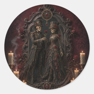 Autocollant rond Halloween Couple de squelettes go