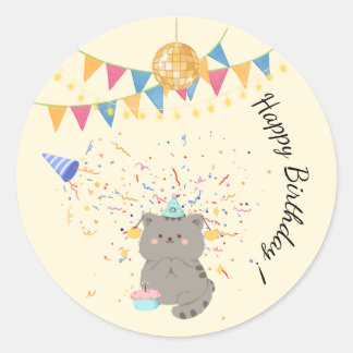 Autocollant Rond Joyeux Anniversaire Chat Mignon |