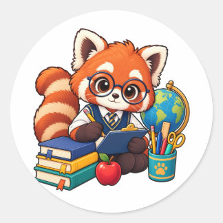 Autocollant rond Kawaii Red Panda Study Buddy