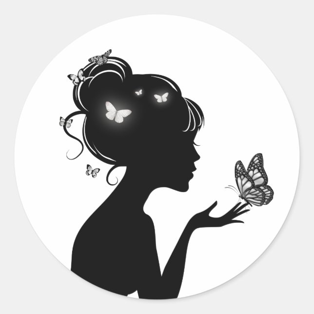 Autocollant Rond La femme papillons blancs (Devant)