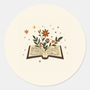 Autocollant rond livre ouvert floral