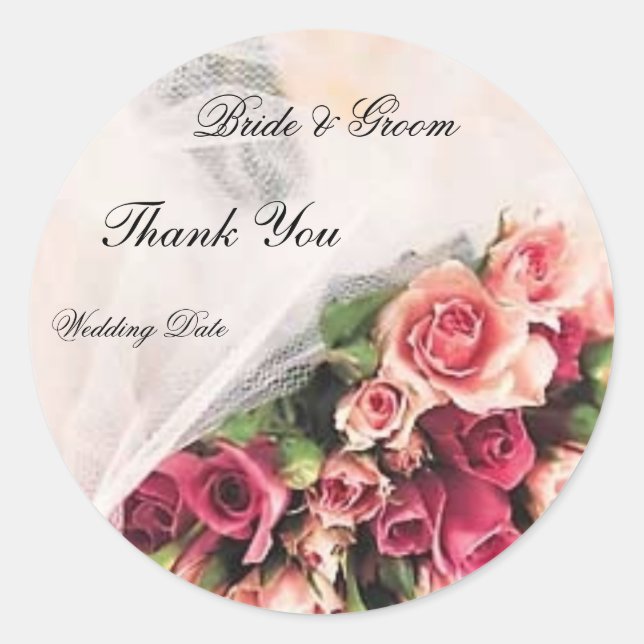 Autocollant rond Mariage rose Bouquet Merci (Devant)