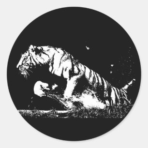Autocollant rond noir blanc Tiger Pop Art