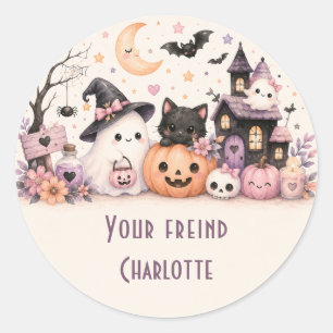 Autocollant rond nom d'amis Halloween mignon