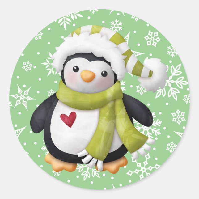Autocollant rond pingouin Noël vert (Devant)